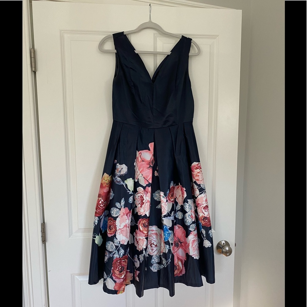 Navy and floral fit and flare midi dress